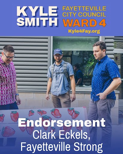 Endorsement from Clark Eckels, Fayetteville Strong, standing with Kyle and a friend around a strawberry mural